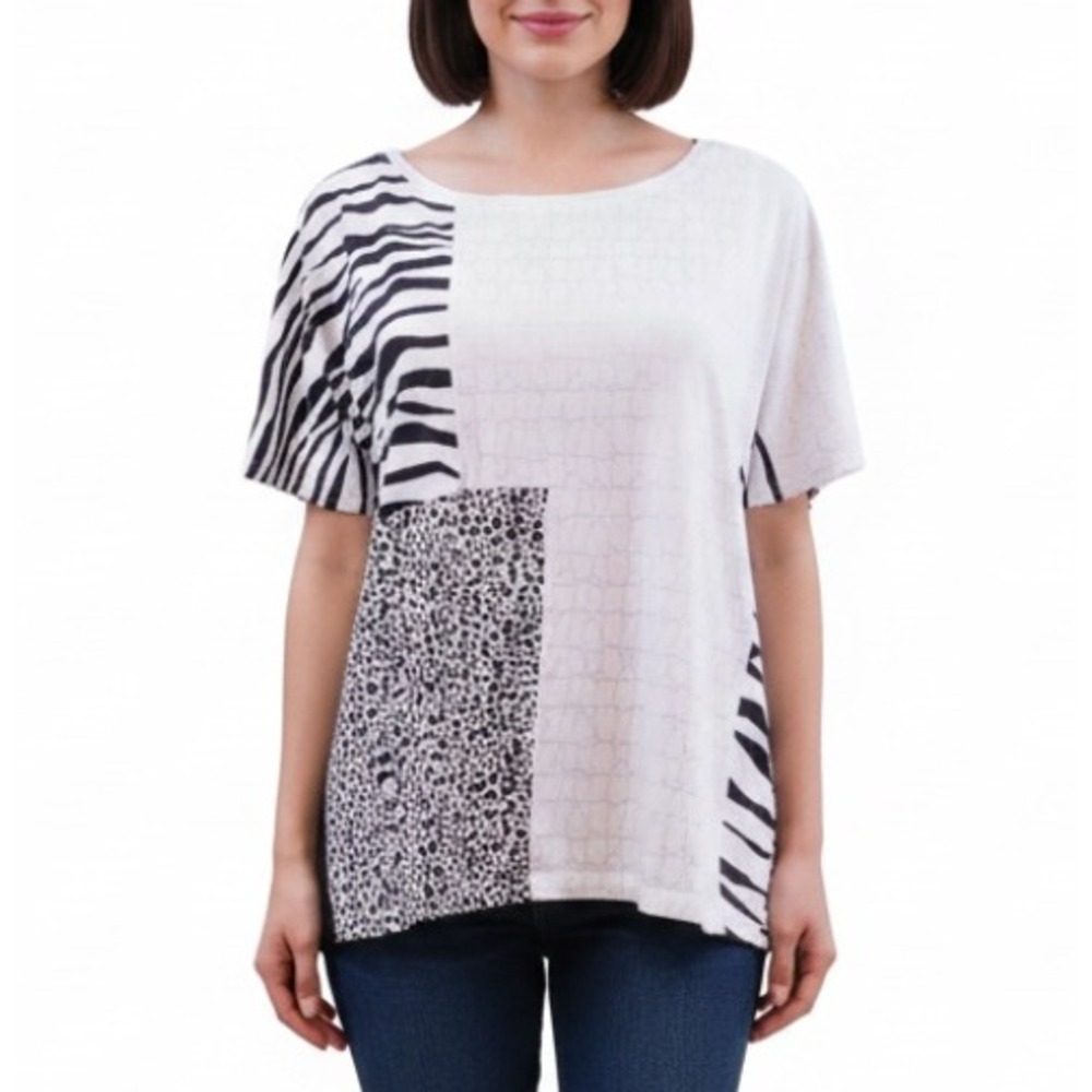 CHICO'S Zenergy T-Shirt Top MIXED ANIMAL PRINT White Black Silver Knit 3/XL